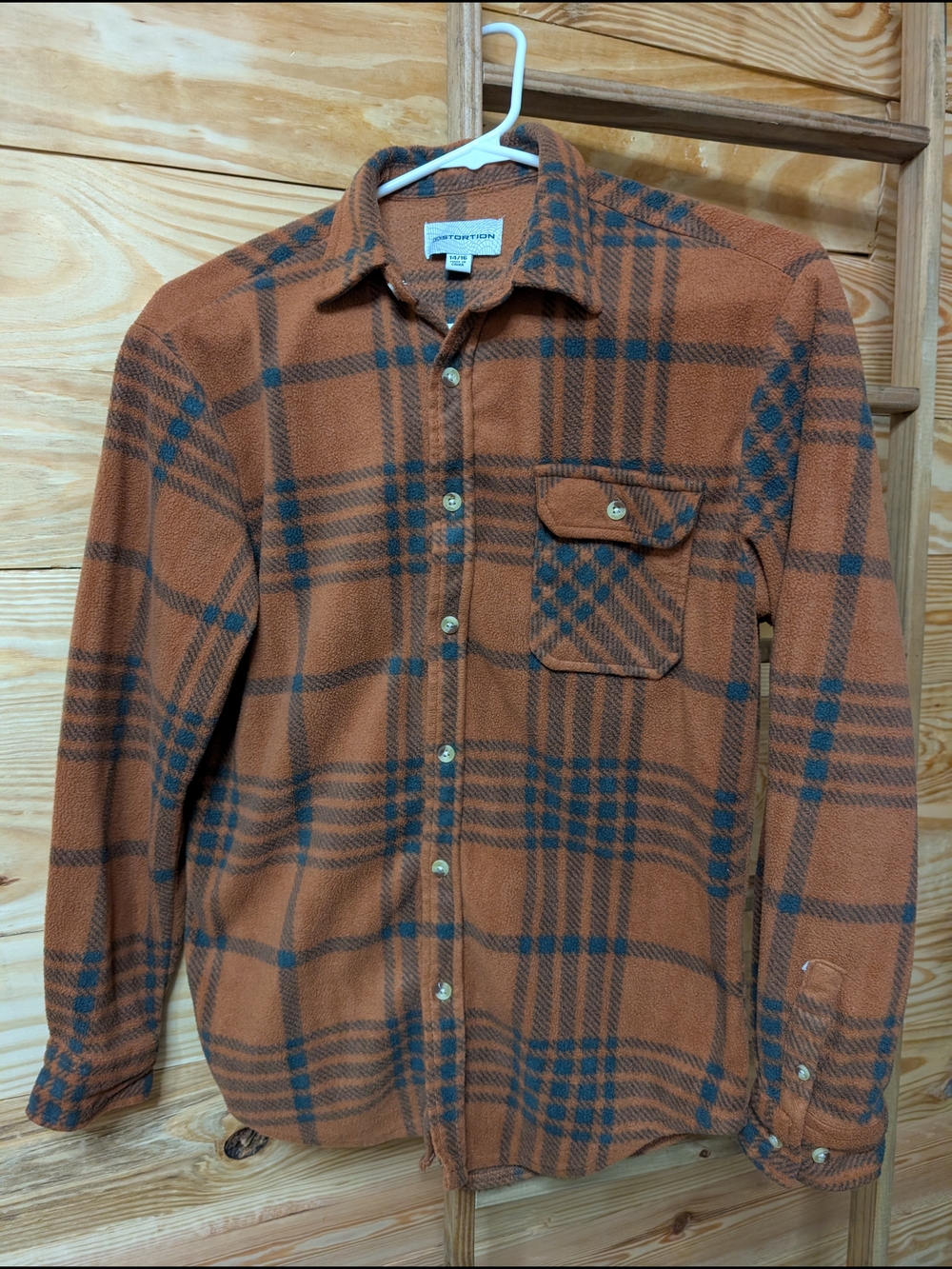 Plaid Fleece Button-Down Shirt in Rust with Navy Trim